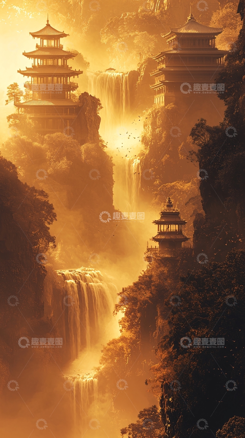 高清大图下载【趣麦麦图】金色山间古寺瀑布