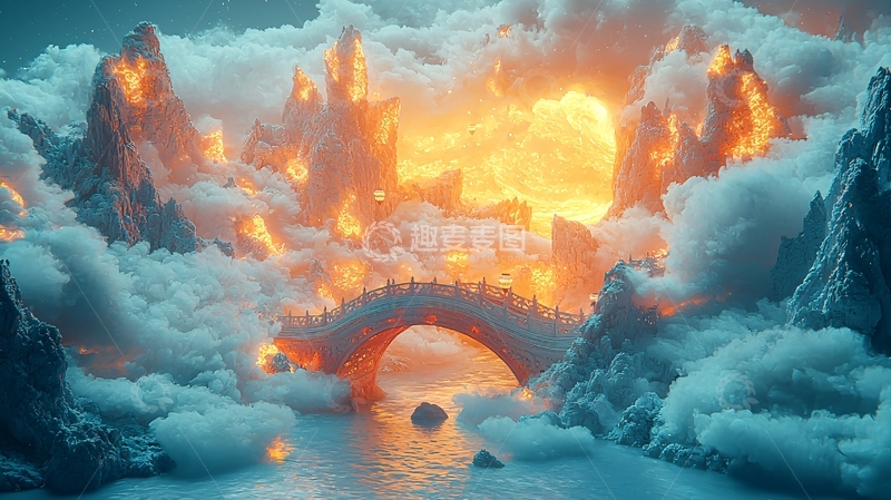 高清大图下载【趣麦麦图】梦幻云海桥梁