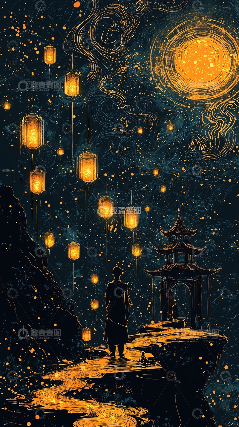 高清大图下载【趣麦麦图】星空下的古风灯笼