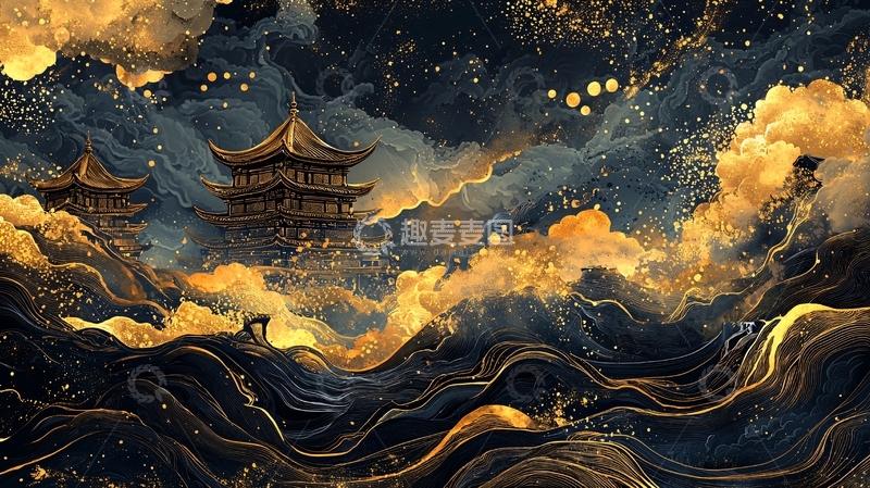 高清大图下载【趣麦麦图】云雾缭绕的金色古建筑