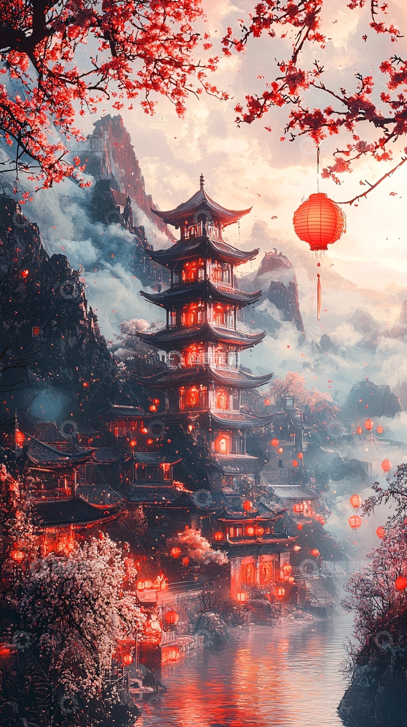 高清大图下载【趣麦麦图】红枫古塔山间夜景