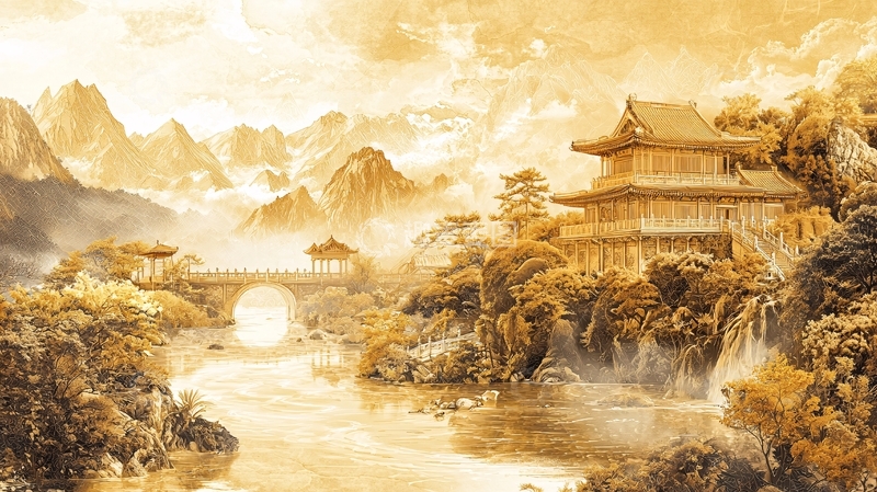 高清大图下载【趣麦麦图】金色山水楼阁如画美景