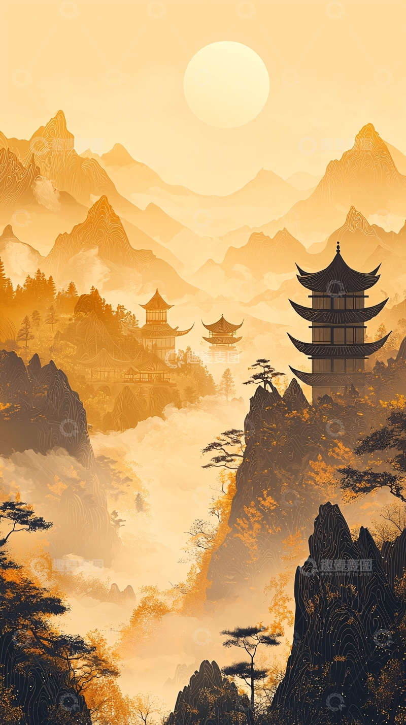 高清大图下载【趣麦麦图】日落山峦水墨画