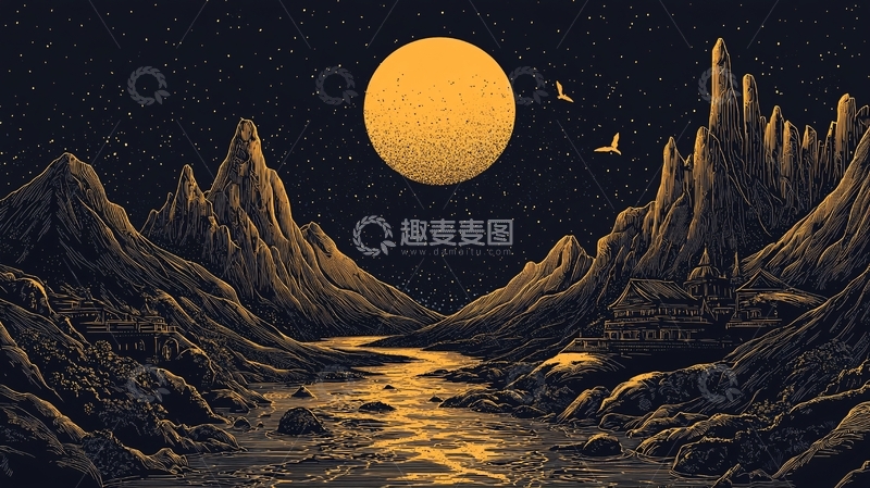 高清大图下载【趣麦麦图】黄昏月夜奇幻山谷
