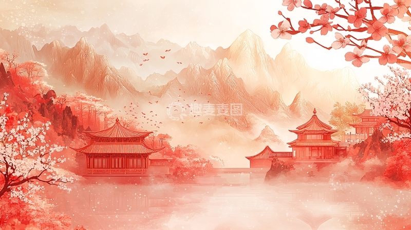 高清大图下载【趣麦麦图】国风唯美桃花山水画