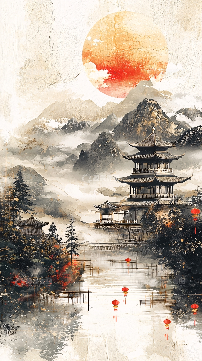高清大图下载【趣麦麦图】中国风山水楼阁红日