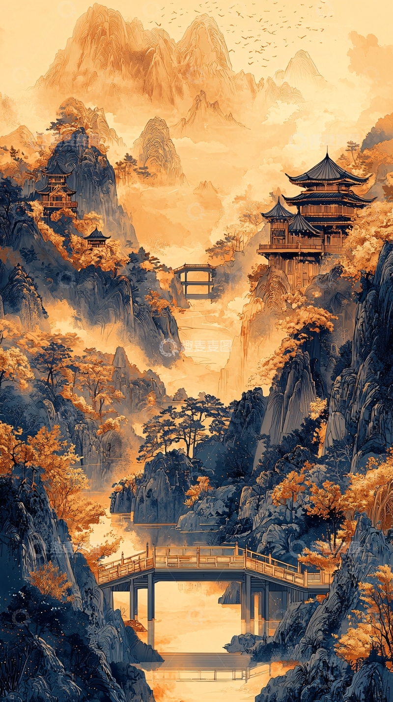 高清大图下载【趣麦麦图】水墨风格山水亭台