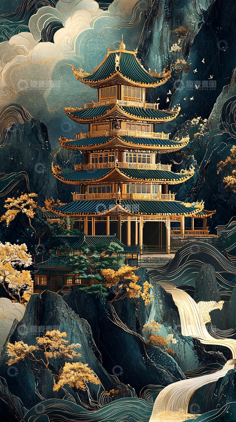 高清大图下载【趣麦麦图】水墨风宝塔矗立山间
