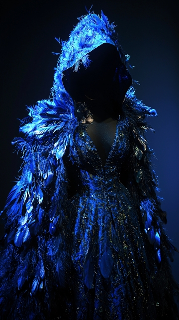 蓝色羽毛斗篷长裙