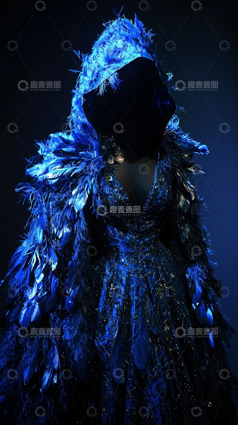 高清大图下载【趣麦麦图】蓝色羽毛斗篷长裙