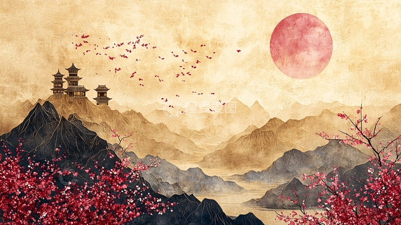 高清大图下载【趣麦麦图】水墨山水桃花月亮古建筑