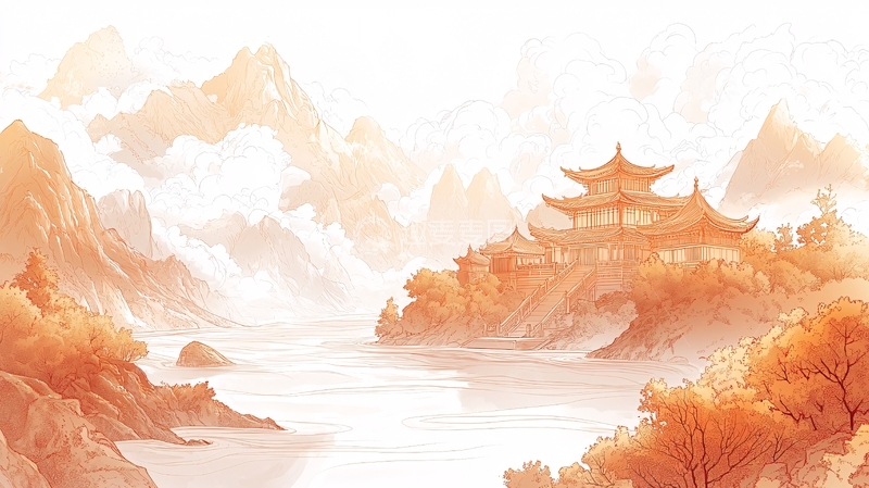 高清大图下载【趣麦麦图】水墨山水楼阁仙境