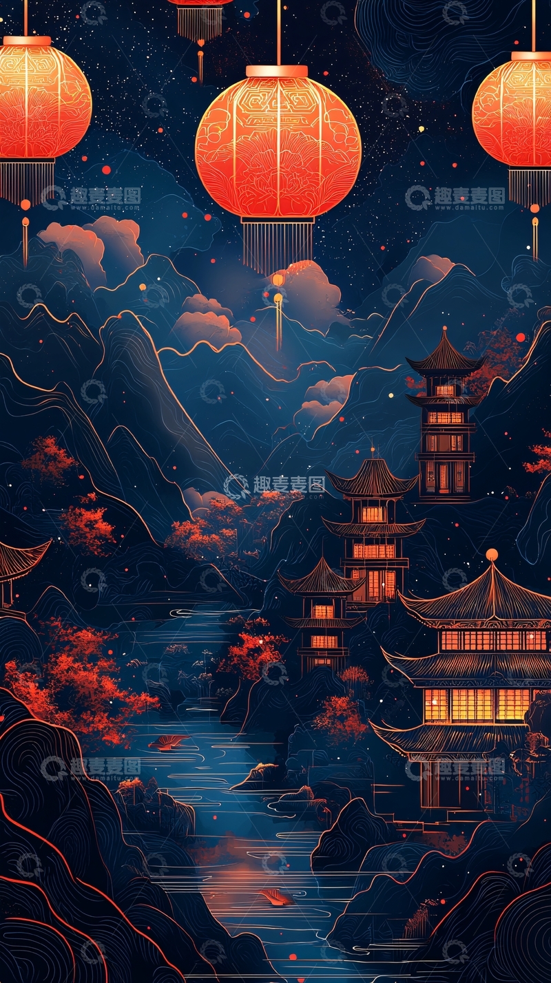 高清大图下载【趣麦麦图】国风灯笼夜景山水画