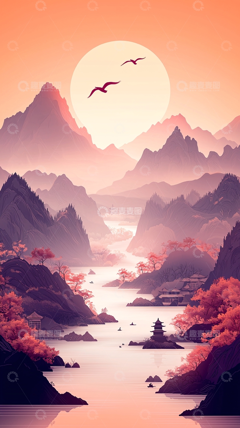 高清大图下载【趣麦麦图】山水画意境日落飞鸟