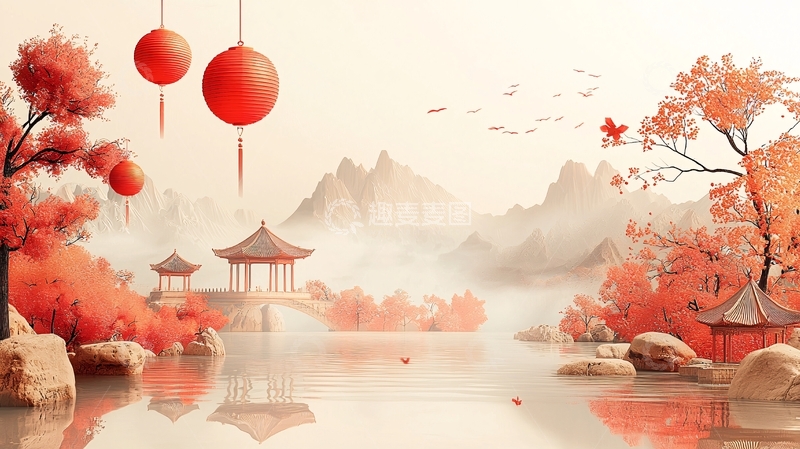 高清大图下载【趣麦麦图】-红色中国风山水意境