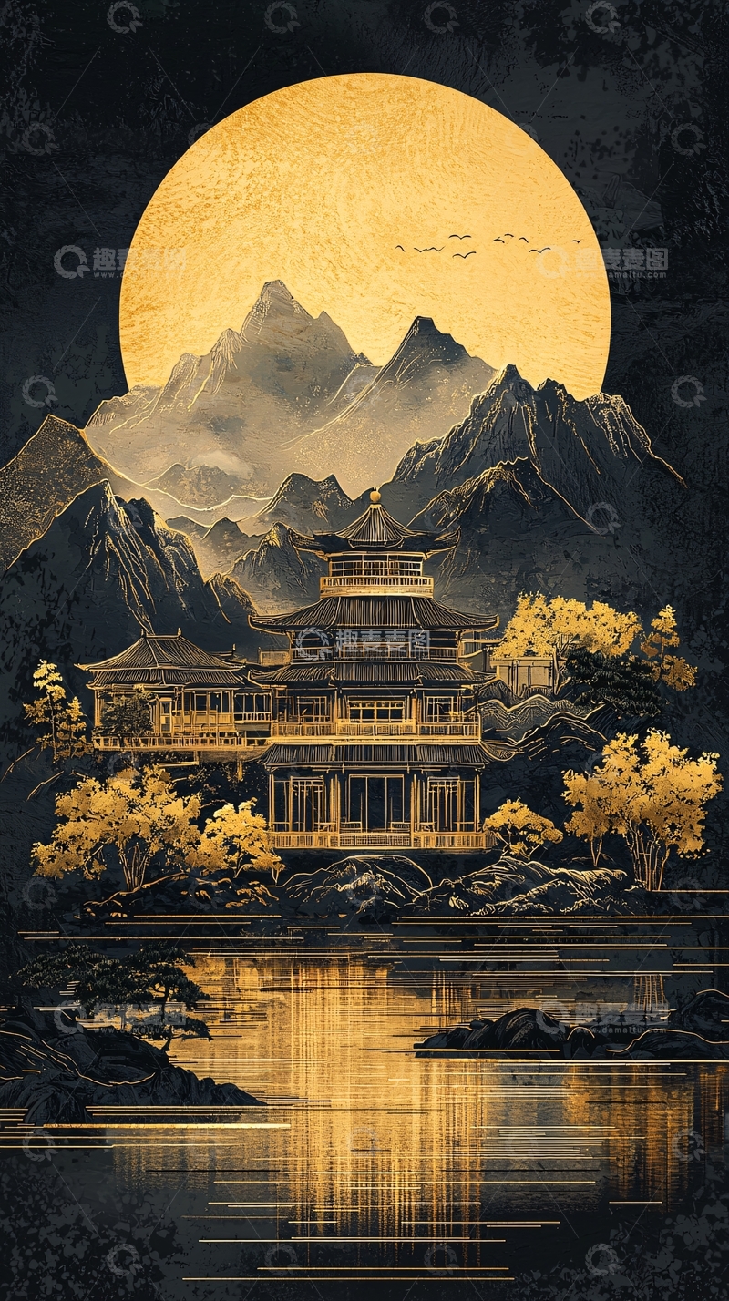 高清大图下载【趣麦麦图】金色月亮下的中式建筑