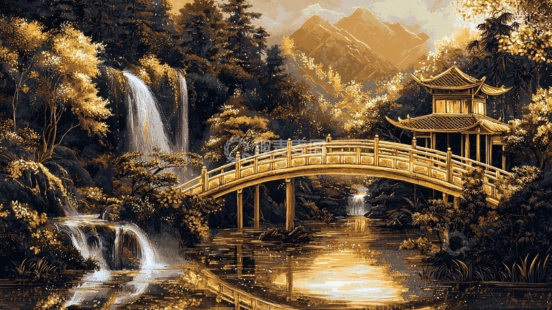 高清大图下载【趣麦麦图】金色山水桥梁寺庙风景