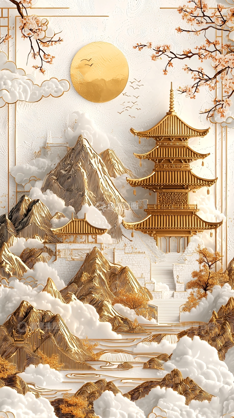 高清大图下载【趣麦麦图】金色亭台楼阁山水画