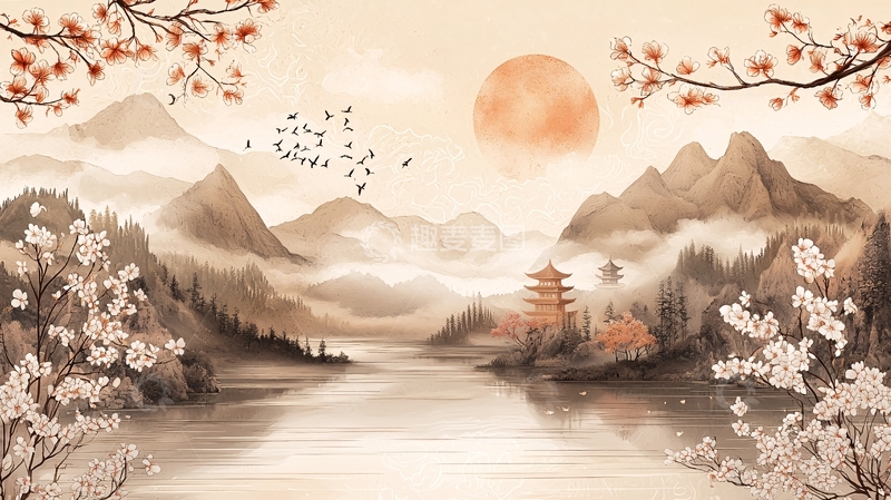 高清大图下载【趣麦麦图】水墨山水日出桃花