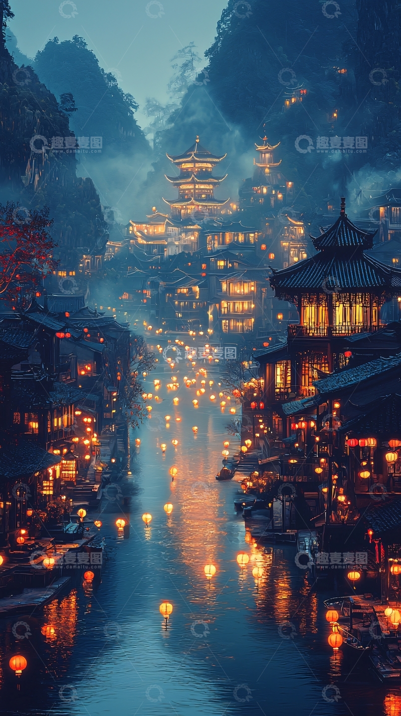 高清大图下载【趣麦麦图】水乡古镇夜景灯光如昼