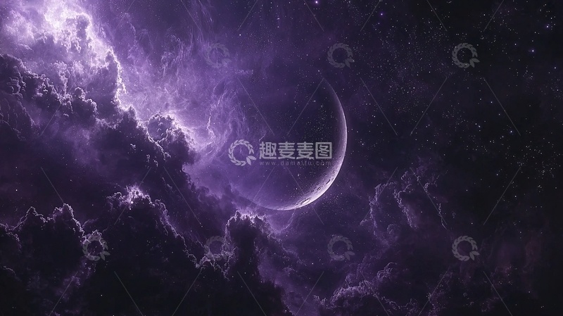 高清大图下载【趣麦麦图】紫色闪电风暴下的新月