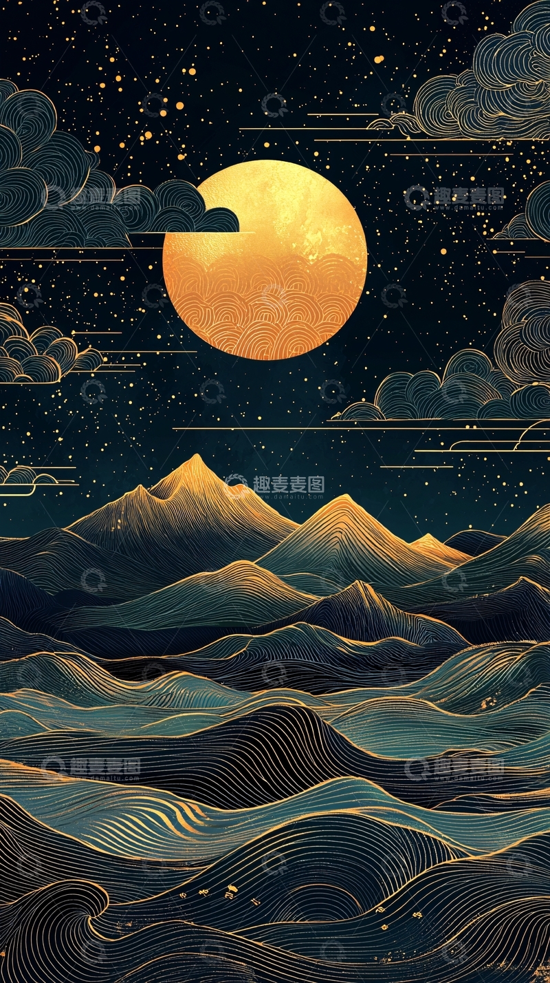 高清大图下载【趣麦麦图】金色月亮下的山水剪影