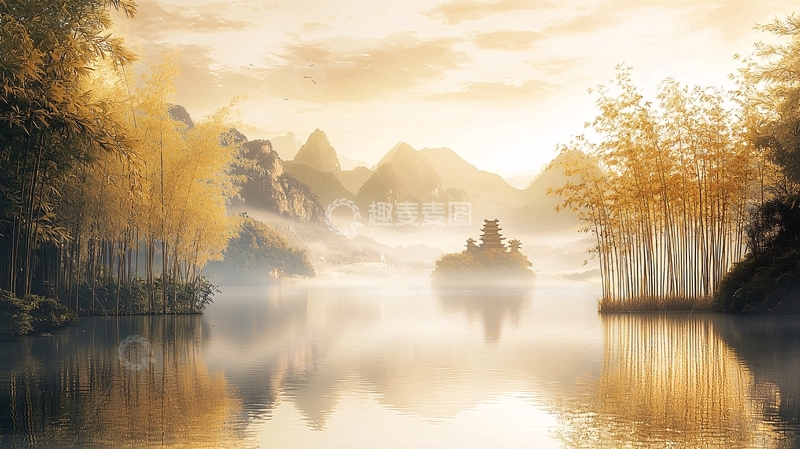 高清大图下载【趣麦麦图】金色湖畔的宁静风景