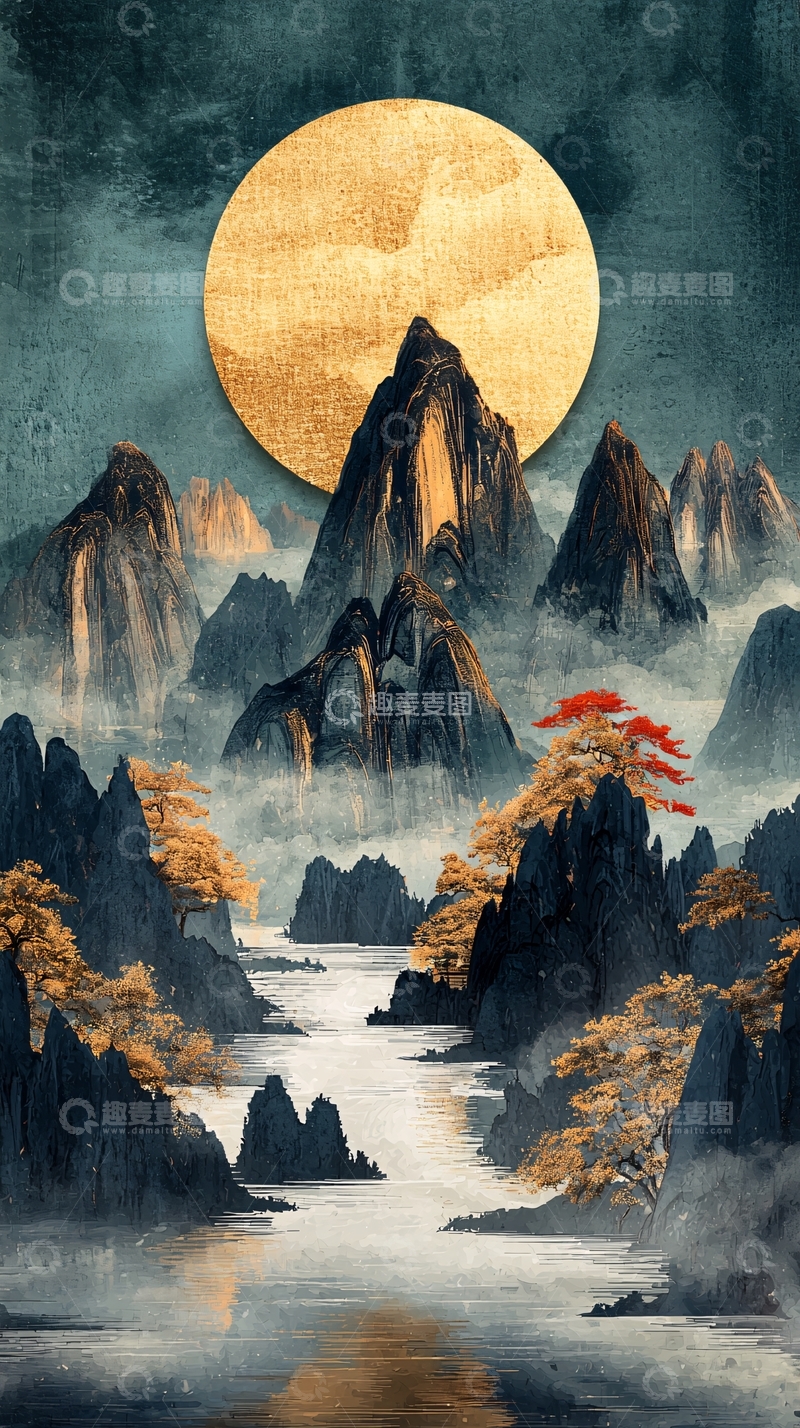 高清大图下载【趣麦麦图】山水月亮水墨风格背景图