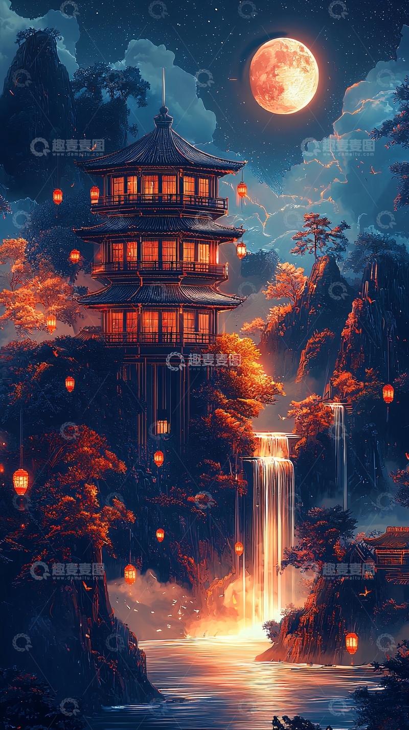 高清大图下载【趣麦麦图】夜晚山间寺庙夜景
