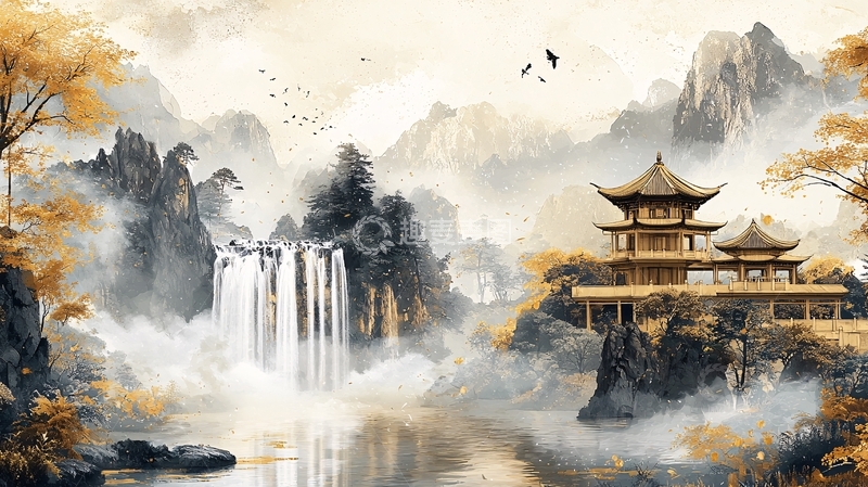 高清大图下载【趣麦麦图】水墨山水寺庙瀑布风景