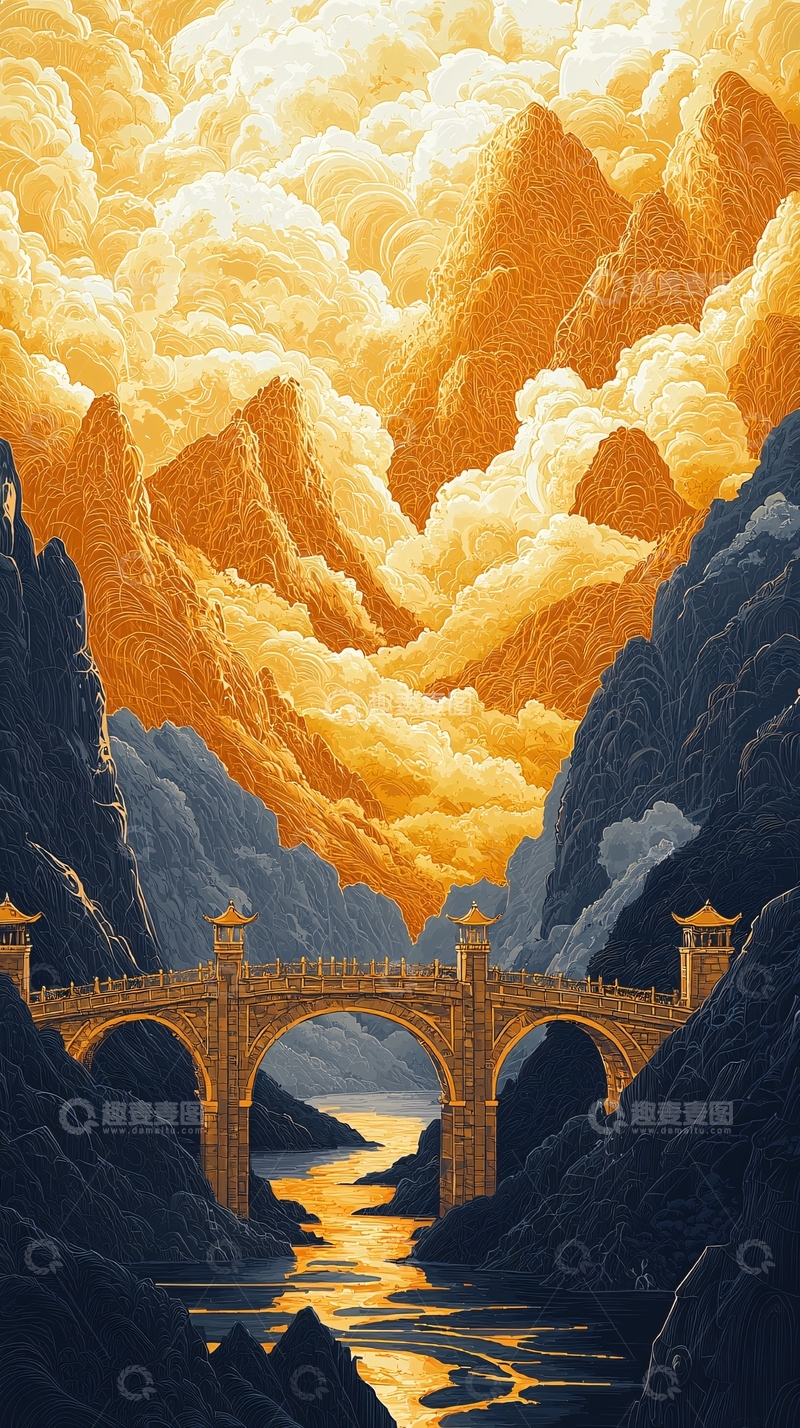 高清大图下载【趣麦麦图】金色山脉云海古桥