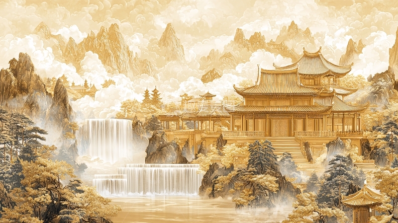 高清大图下载【趣麦麦图】金色山水间的古典建筑