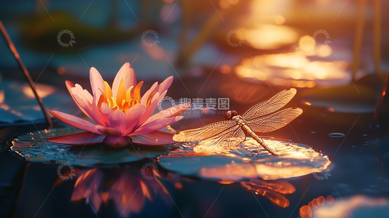 高清大图下载【趣麦麦图】日落时分的睡莲和蜻蜓