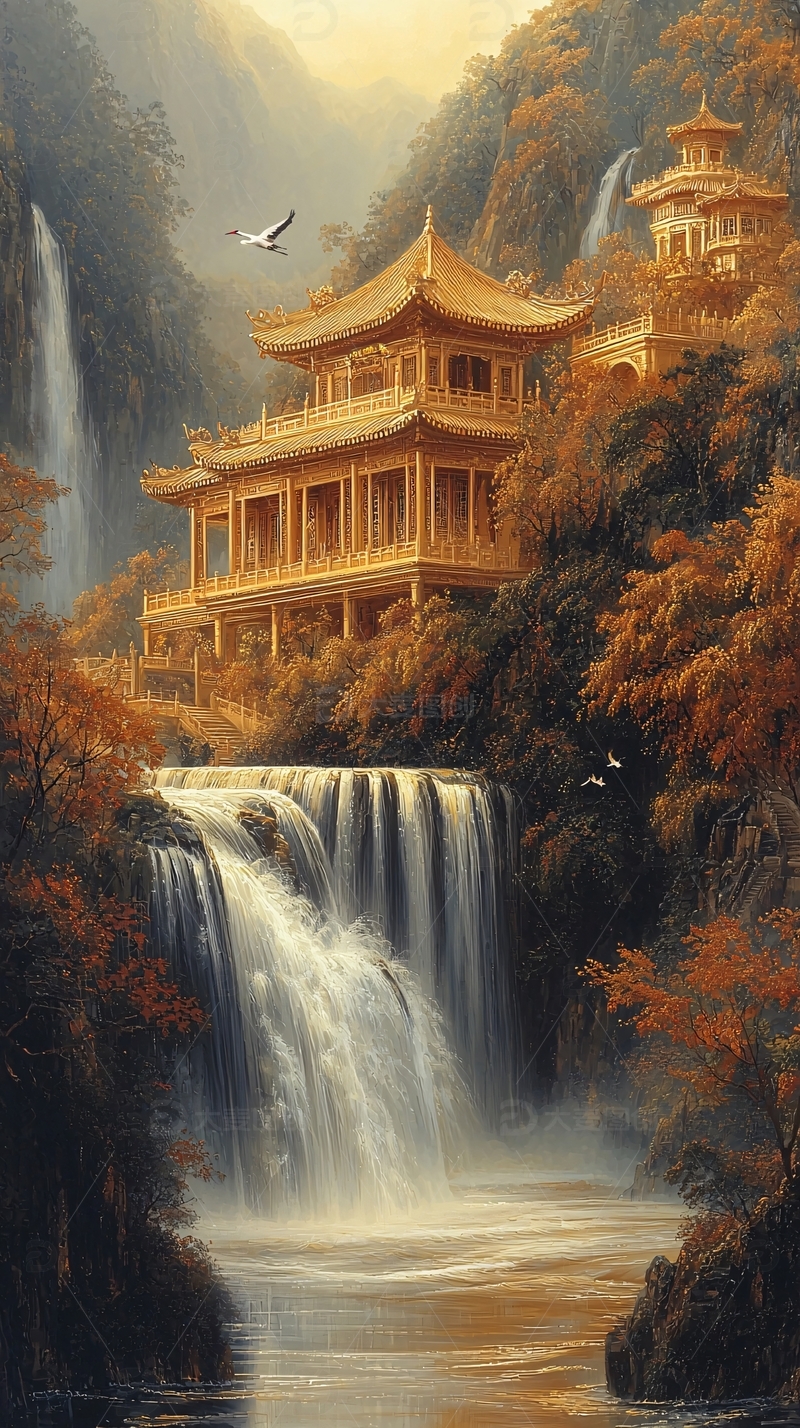 高清大图下载【趣麦麦图】金色古风建筑在山间瀑布旁