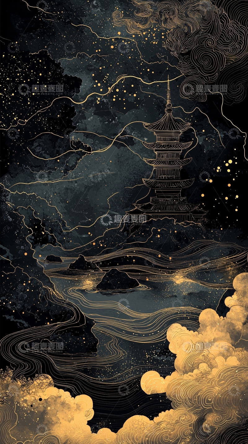 高清大图下载【趣麦麦图】水墨风山水夜景金色塔