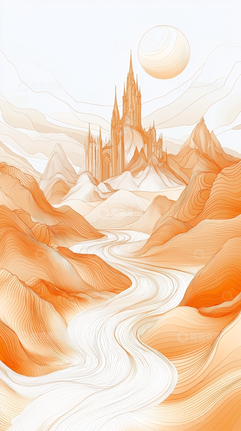 高清大图下载【趣麦麦图】橙色梦幻城堡山脉河流