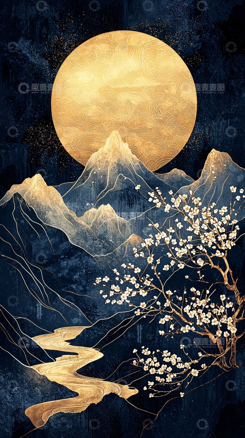 高清大图下载【趣麦麦图】金色月亮下的山水画