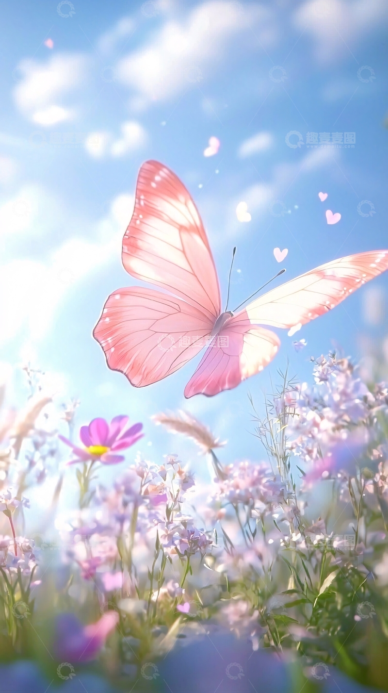 高清大图下载【趣麦麦图】粉色蝴蝶飞过花海