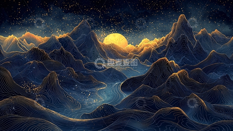 高清大图下载【趣麦麦图】夜晚山脉和星空下的太阳