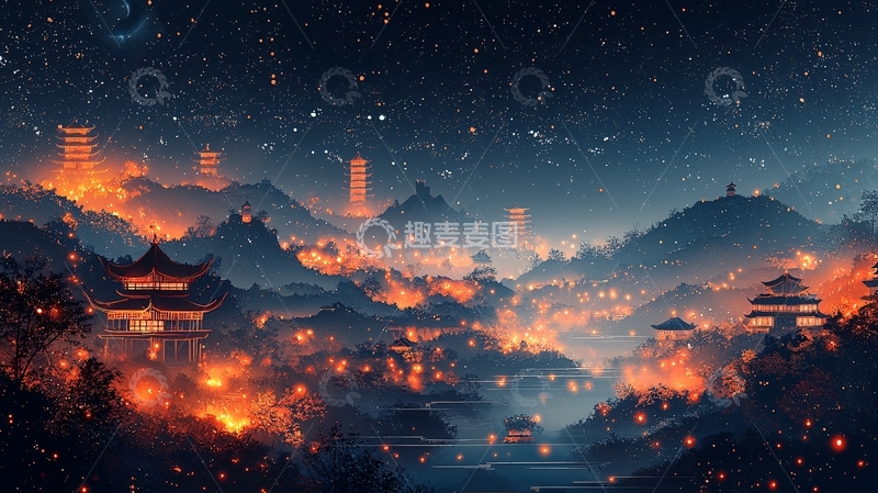 高清大图下载【趣麦麦图】星空下的璀璨古镇