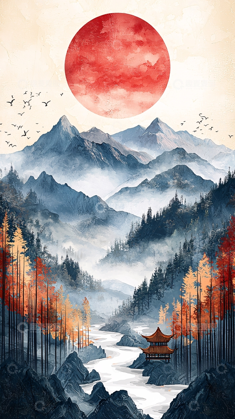 高清大图下载【趣麦麦图】水墨风格的红色太阳山水画
