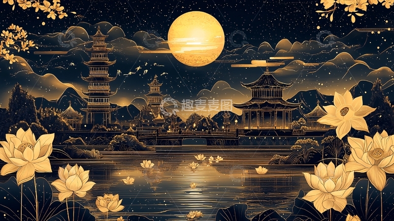 高清大图下载【趣麦麦图】月夜下的中国古建筑群