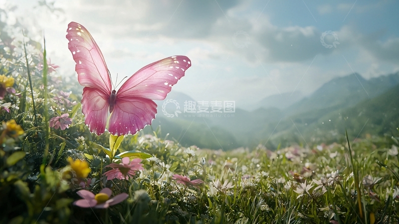 高清大图下载【趣麦麦图】粉红蝴蝶山间花海
