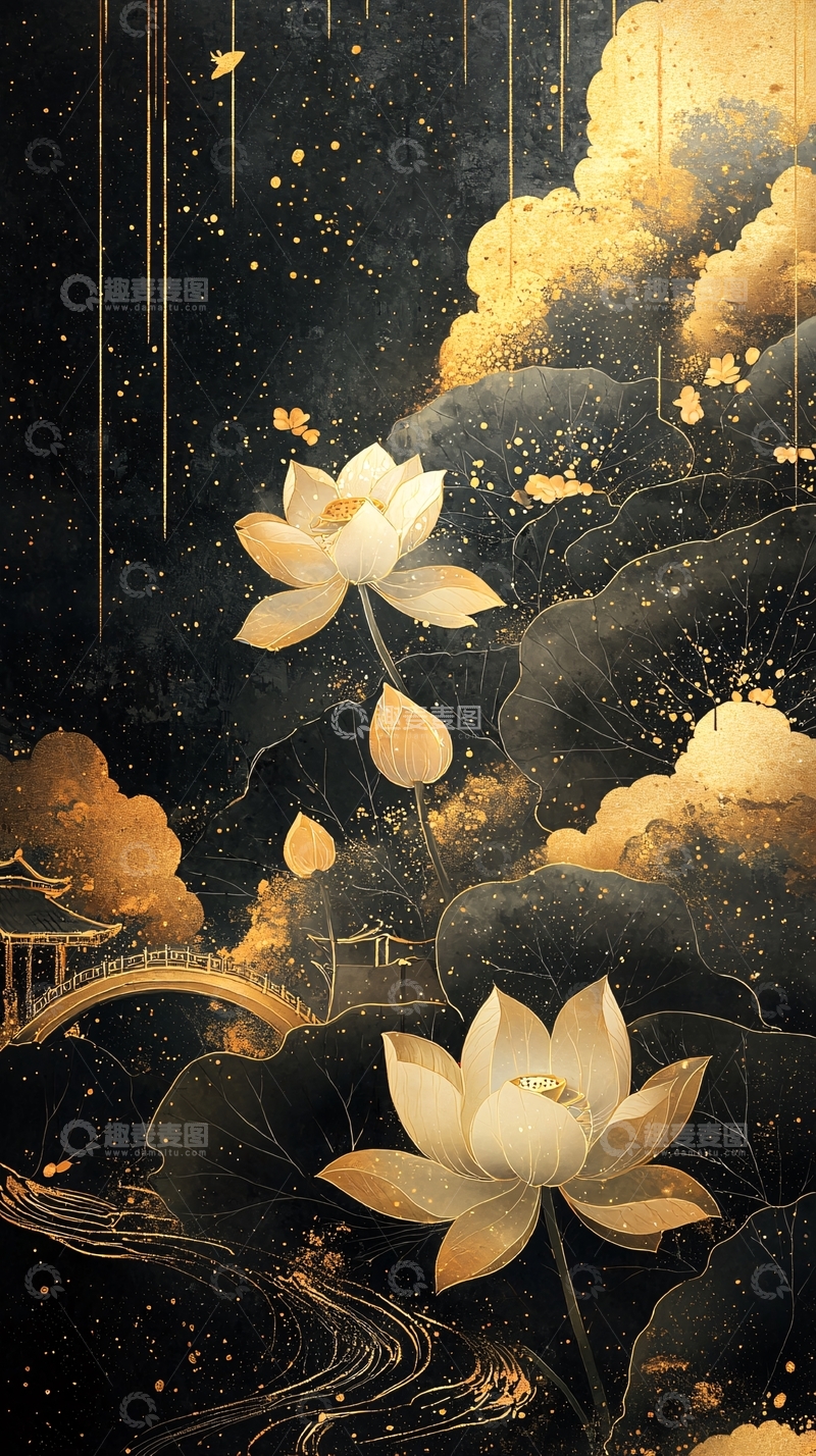 高清大图下载【趣麦麦图】金箔莲花水墨画