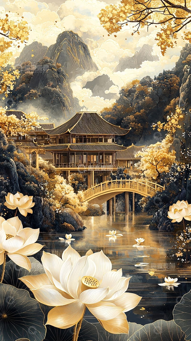 高清大图下载【趣麦麦图】金色山水画