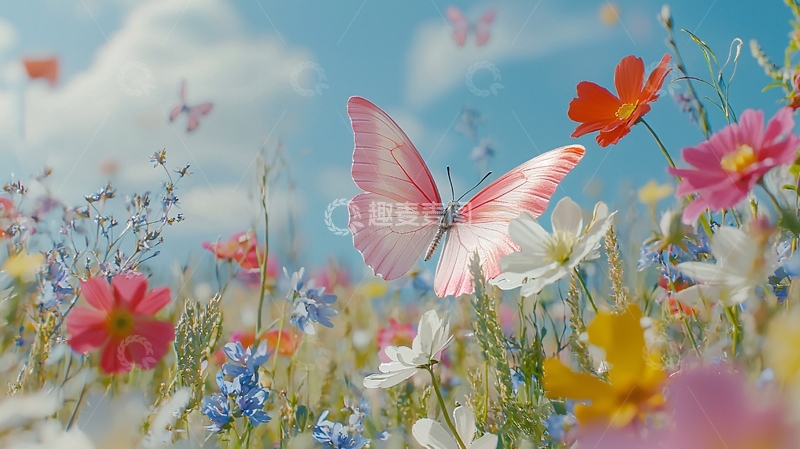 高清大图下载【趣麦麦图】粉色蝴蝶飞舞花海