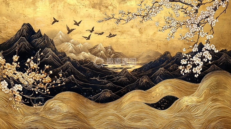 高清大图下载【趣麦麦图】金色山水画