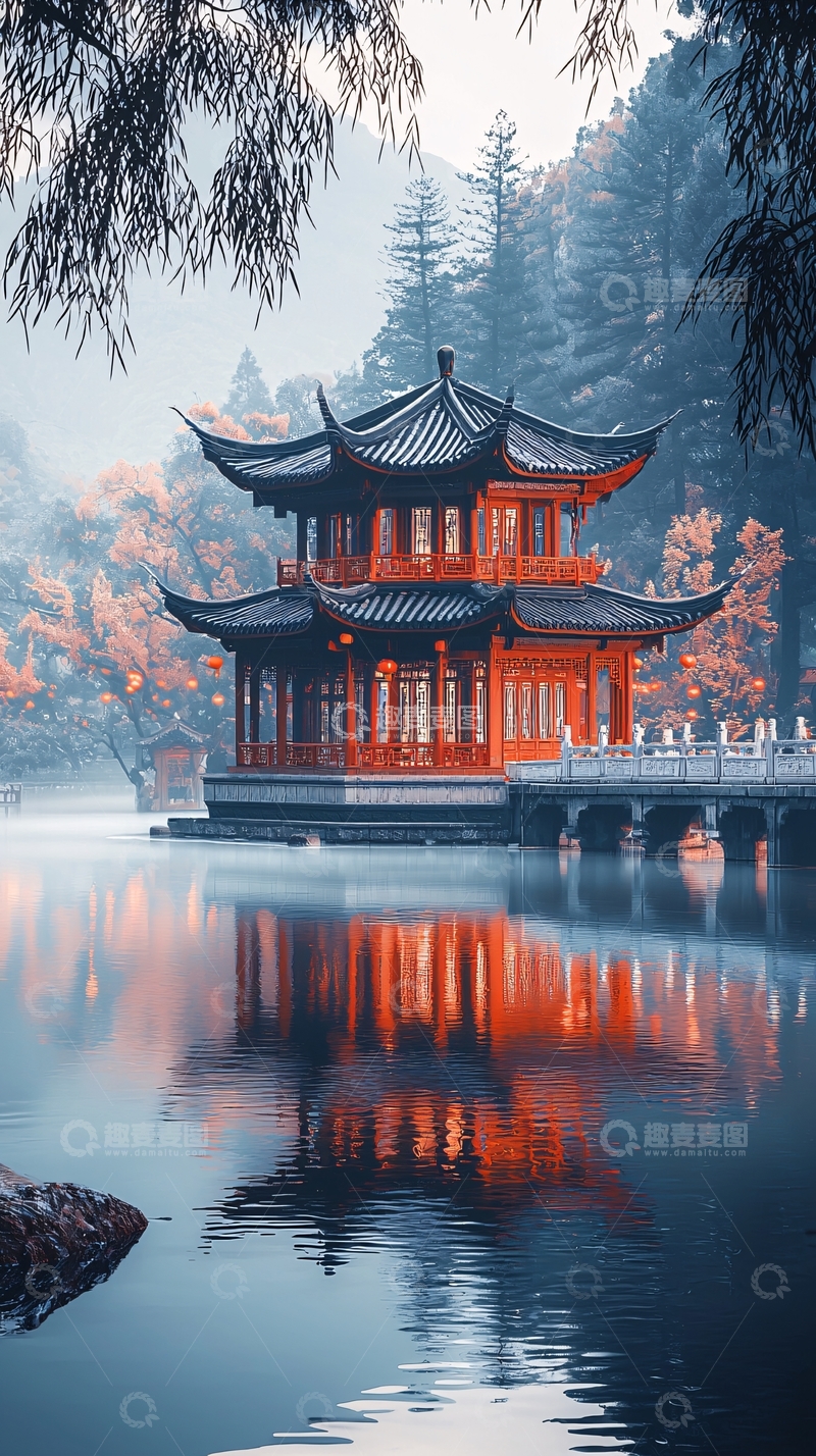 高清大图下载【趣麦麦图】湖中红楼亭子的景色