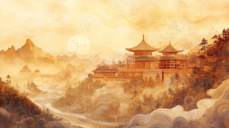 高清大图下载【趣麦麦图】金色山水间的古建筑