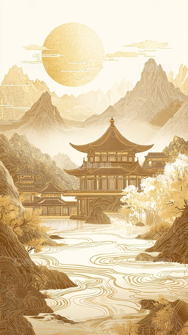 高清大图下载【趣麦麦图】金色山水画